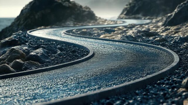 Curved road on rocky outcrop in foggy weather
