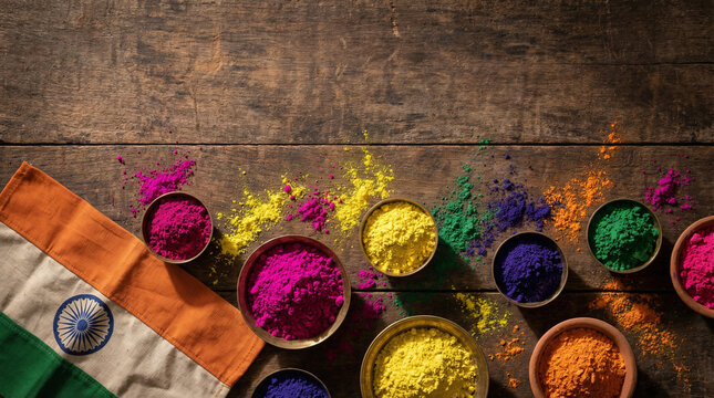 Top-down flat lay of Holi colors in brass and clay bowls on a dark rustic wooden table, Indian flag placed diagonally in one corner with natural fabric creases
