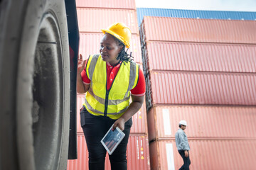 Female African logistics worker inspecting truck tires for safety at container port, Professional female technician using tablet to perform vehicle maintenance check in shipping yard © JU.STOCKER