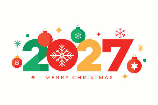 Merry christmas 2027 flat design with festive ornaments and snowflakes