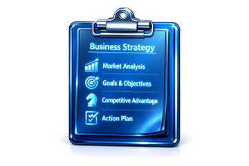 A sleek, metallic blue clipboard with glowing business strategy notes, softly illuminated, set against a white background.