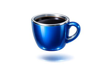 A sleek, metallic blue coffee cup with a reflective surface, placed on a clean office desk, set against a white background.
