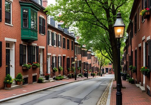 Historic Red Brick Street in Beacon Hill Boston with Gaslight Lamp