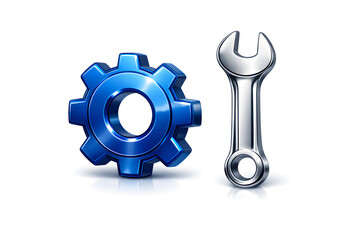 A sleek, metallic blue gear and wrench icon, floating and symbolizing operational efficiency, displayed against a white background.
