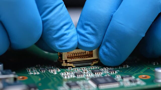 Technician hands in blue gloves working with electronic circuit board connector