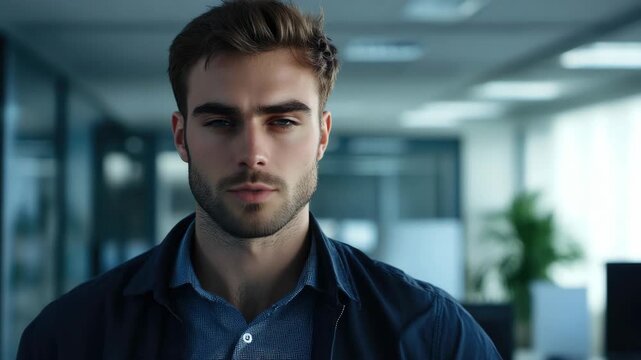 Handsome young man in a professional office setting, deep in thought or making a serious expression.