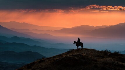Obraz premium charro. Silhouette of a rider on a ridge at dawn, vast desert landscape and sky. travel magazines, destination branding, designed for outdoor magazines and nature guides.