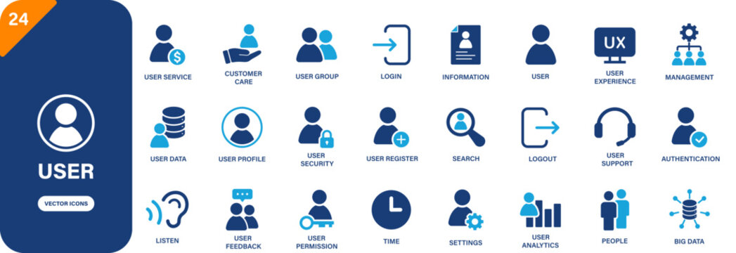 User icon collection featuring login, user security, thiết kế ui, big data and user permission symbols. Solid vector icons.