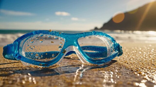 Blue swimming goggles with water drops resting on sandy beach by ocean under bright sun