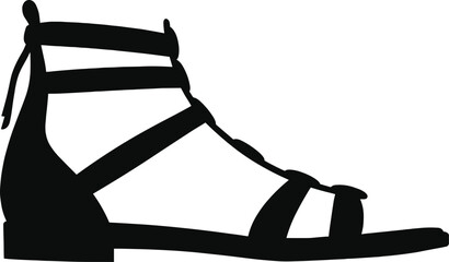 Black Vector Silhouette of a Strappy Gladiator Sandal for Women Summer Fashion Footwear Trendy Beach Style Roman Apparel Design and Casual Seasonal Shoe Accessory