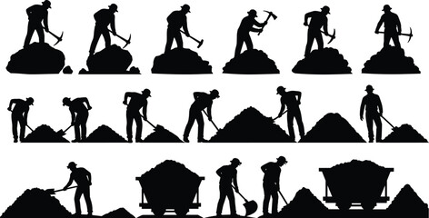 Coal miner and mining worker silhouettes with pickaxe, shovel and ore cart isolated on white background for industry, excavation and underground labor concepts © Shahariar's World