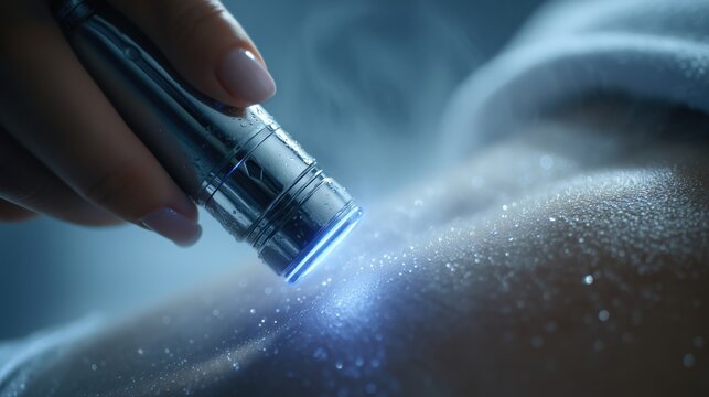 Close-up of a cryo sculpt device being applied to skin for a body contouring treatment.