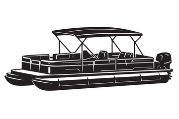 Pontoon Boat Silhouette Side View, Leisure Pontoon Boat with Canopy, Vector Illustration, Isolated on White Background © Thi