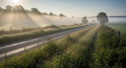 A serene rural road stretches through a misty landscape with sunbeams piercing the fog in a silent city street at sunrise