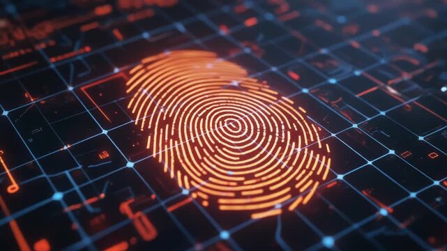 Glowing orange fingerprint on futuristic digital circuit board backgro