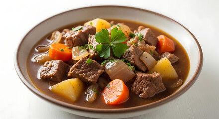 A bowl of stew with meat and carrots. The stew is brown and has a rich, hearty flavor. The carrots are cooked and are visible in the stew. The dish looks delicious and inviting