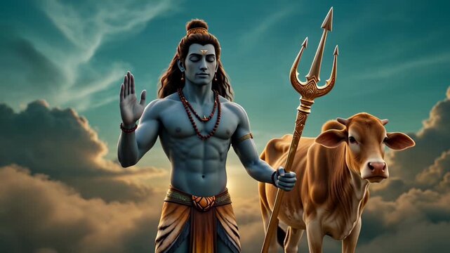 Digital Illustration of Lord Shiva with a Blessing Gesture, Trident, and Sacred Cow in a Mystical Sky Setting