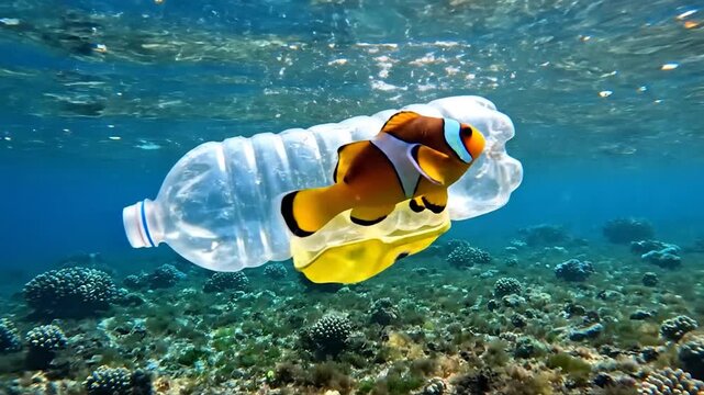 Colorful tropical fish swimming near plastic bottle marine pollution