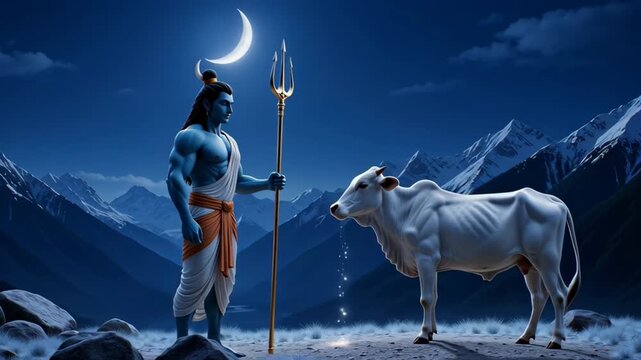 Majestic Lord Shiva with Trident and Sacred Cow in a Mountainous Night Scene, Symbolic of Divinity, Power, and Blessing in Hindu Worship