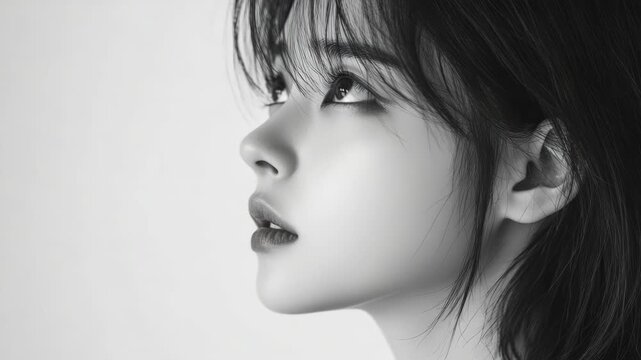 Portrait of a woman with styled hair and makeup, captured in monochromatic grayscale tones against a studio backdrop.