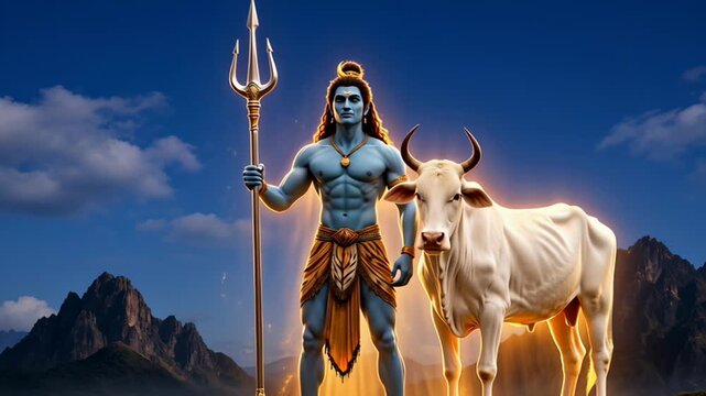 Mythological God Shiva with Trident, Blessing Cow, and Mountain Landscape in Digital Illustration
