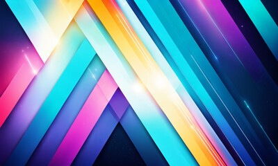 overlapping diagonal geometric stripes in vibrant cyan pink and yellow with glowing light flares.