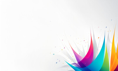 abstract colorful petal shapes in vibrant blue magenta and yellow bursting from the corner on a white background.