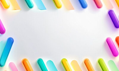 frame composed of rounded colorful pill shapes in vibrant shades of blue yellow orange and green surrounding a central white space for copy or text.
