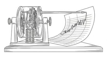 Detailed illustration of a vintage telegraph machine with paper tape. © ganis