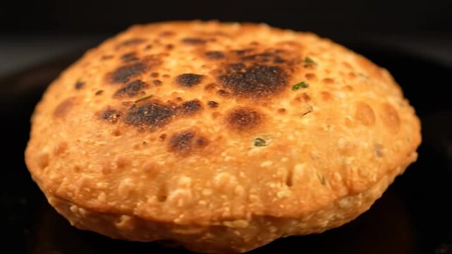 Close up shot of hot, crispy, and perfectly puffed golden Indian fried bread (Puri or Bhatura) against a dark background, showcasing the delicious texture.