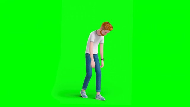 3D Animated Exhausted Cartoon Man in Causal T-Shirt and Jeans While Walking Slowly While Leaning Forward. Green Screen.