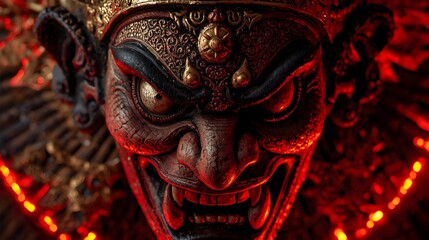 Fototapeta premium Extreme Close-up of Fierce Balinese Ogoh-Ogoh Demon Face with Intricate Golden Headdress and Red Lighting