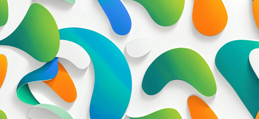 colorful organic blobs in green orange and blue floating on a white background with soft shadows for a diversity or cell like abstract composition