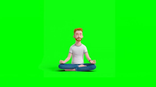 3D Animated Cartoon Man in Causal T-Shirt and Jeans Doing Yoga Pranayam, Lotus Pose, Through Controlled Inhalation and Exhalation on Green Background