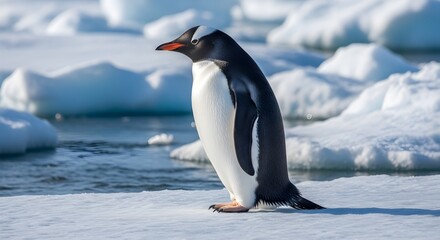 Fototapeta premium Gentoo penguin resting near icy shoreline with floating icebergs, portraying polar wildlife resilience in extreme Antarctic climate.