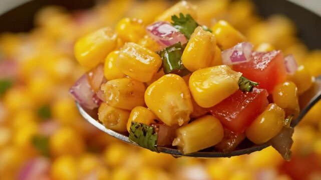 Extreme close-up of a spoonful of vibrant corn kernels mixed with diced tomatoes, red onions, and cilantro, served hot as a spicy Indian chaat or side dish.