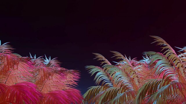 Vibrant tropical palm fronds in bold neon hues set against a deep dark background. Detailed 3D render showcasing lush exotic foliage with dramatic lighting and rich contrast.