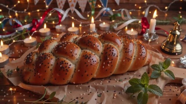 Traditional Fresh Baked Challah Bread on a Rustic Wooden Table with Glowing Candles and Festive Holiday Lights