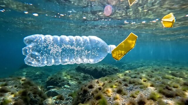 Plastic bottle floating underwater depicting environmental pollution concept in marine ecosystem with clear blue ocean and waste
