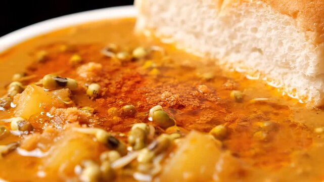 Authentic spicy Misal Pav served with sprouted moth beans, potatoes, and savory gravy, accompanied by Pav bread in a white bowl, traditional Indian street food from Maharashtra.