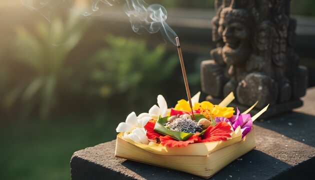 Close-up of incense burning on a floral offering on a wooden platform with a statue in a serene outdoor setting with warm sunlight.