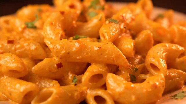 Close-up Macro Shot of Creamy Penne Pasta Covered in a Rich Ros&eacute; Sauce, Garnished with Fresh Cilantro and Chili Flakes, Ready to Serve