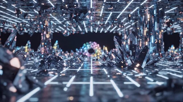 Abstract CGI Animation Tunnel with Geometric Crystal Structures and Neon Lights