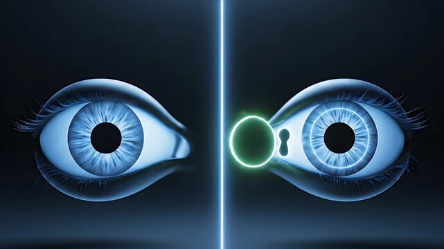 Abstract CGI comparison of LASIK and SMILE eye surgery procedures with detailed anatomical representation and neon text