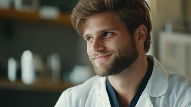 Handsome guy wearing a lab coat, showing his wisdom teeth