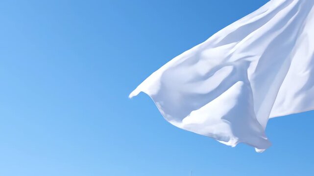 A white fabric, possibly a flag, is waving in the wind. The background is a bright, clear blue sky. The fabric has soft light and shadows