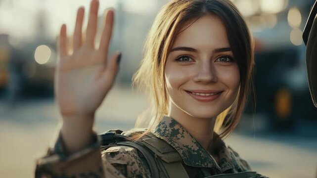 A female military personnel in a camouflage uniform waving.