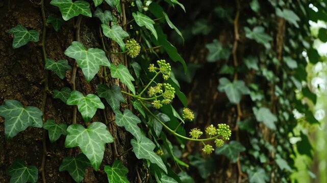 A close-up view of a tree trunk covered in lush green ivy with delicate leaves and emerging blossoms, creating a textured natural scene