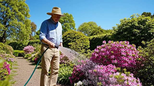 Senior man watering vibrant pink flowers in sunny garden on a clear day