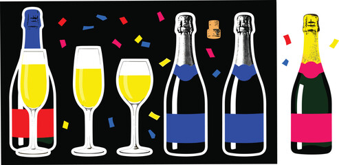 Celebratory champagne bottles and glasses illustration on a black background with colorful confetti